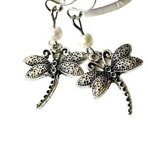 Dragonfly Earrings Silver Plated Pearl Hypo-allergenic Insect Sensitive Ears